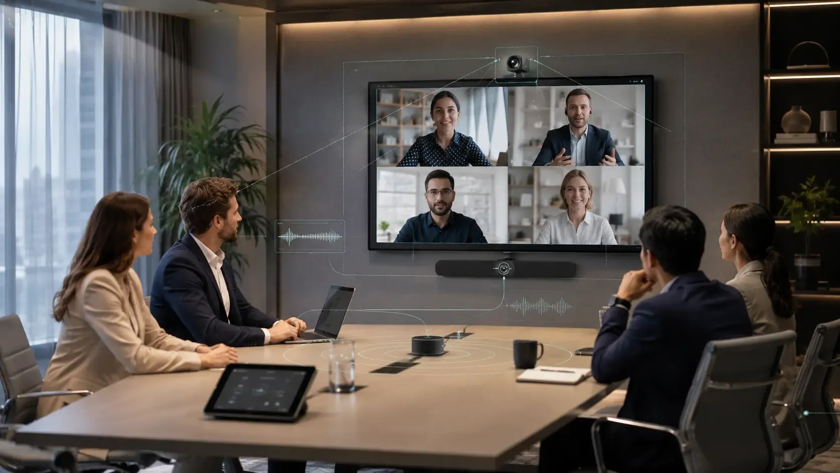 Sala de reuniões com quatro pessoas à mesa e uma videoconferência no ecrã da parede, com quatro participantes à distância e uma câmara por cima do ecrã.