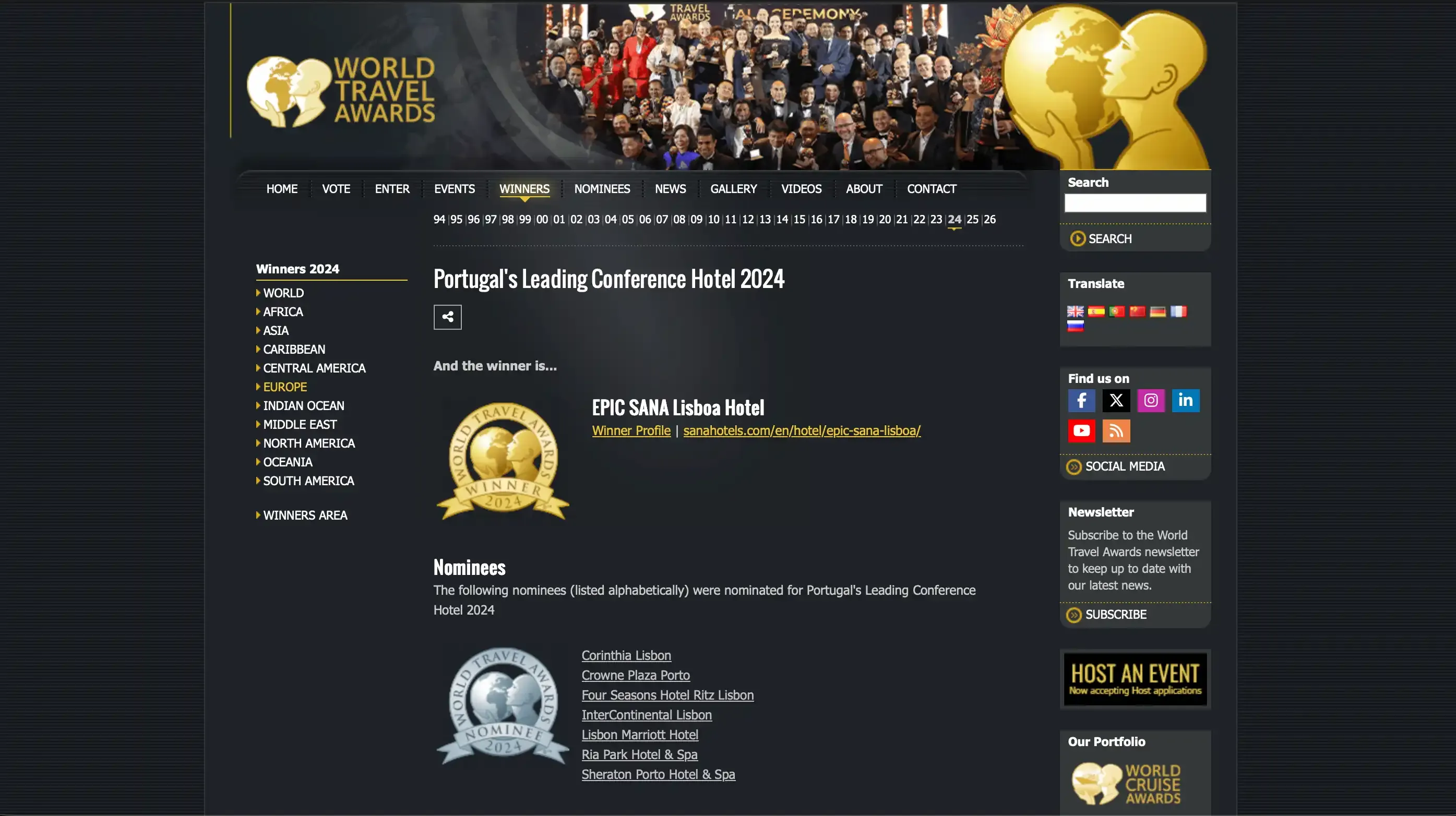 Página do World Travel Awards com o prémio Portugal’s Leading Conference Hotel 2024: o vencedor é o EPIC SANA Lisboa Hotel, seguido da lista de nomeados.