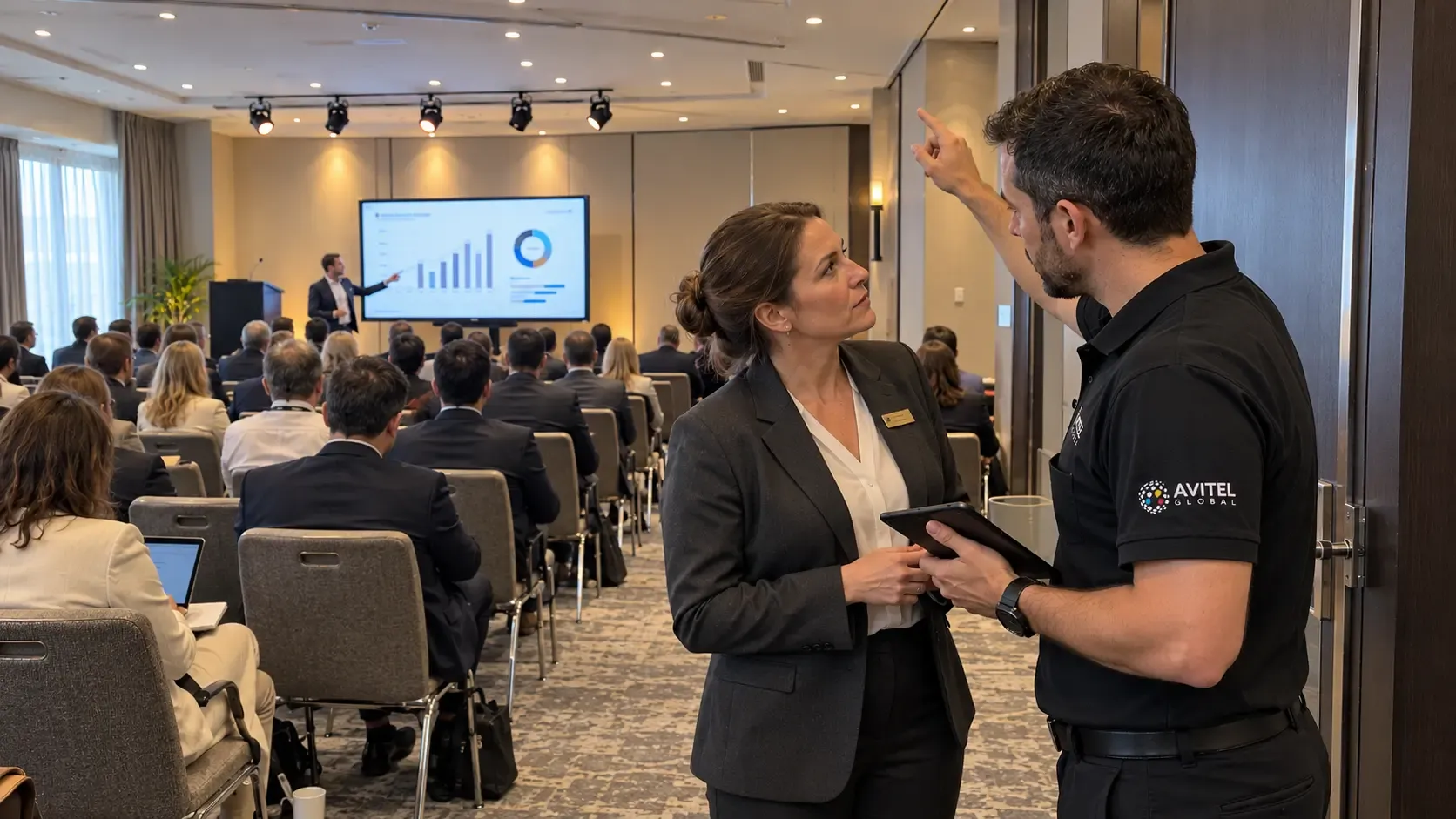 À entrada de uma conferência em curso, um técnico da Avitel aponta para a iluminação da sala enquanto combina pormenores com uma responsável do hotel, de tablet na mão.