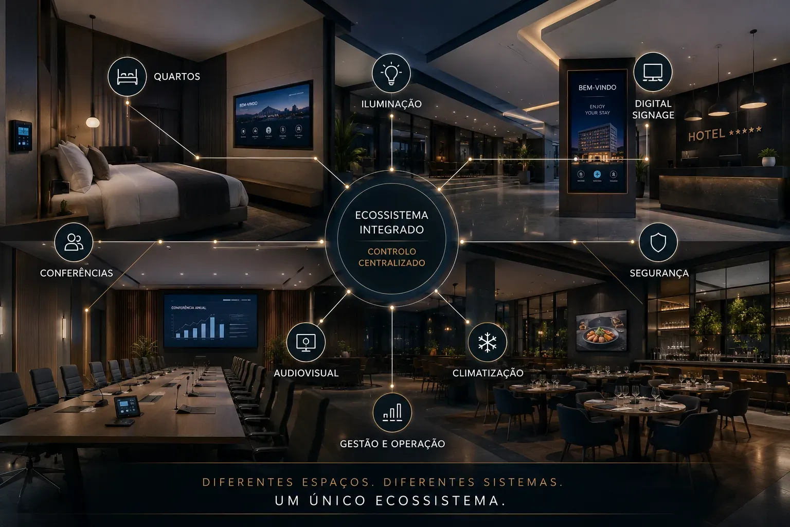 Ilustração de um hotel — quarto, receção, sala de conferências e restaurante — ligado a um ecossistema integrado de controlo centralizado: quartos, iluminação, digital signage, conferências, segurança, audiovisual, climatização e gestão e operação. Em baixo: «Diferentes espaços. Diferentes sistemas. Um único ecossistema.»