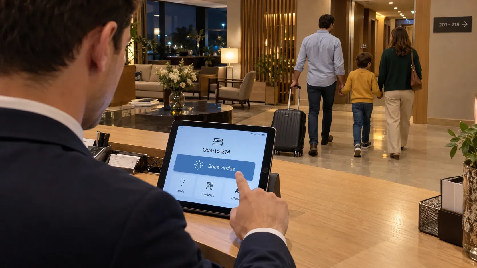 Na receção de um hotel, um colaborador ativa num tablet a cena de boas-vindas do quarto 214 — luzes, cortinas e climatização — enquanto uma família segue com a bagagem para os quartos.